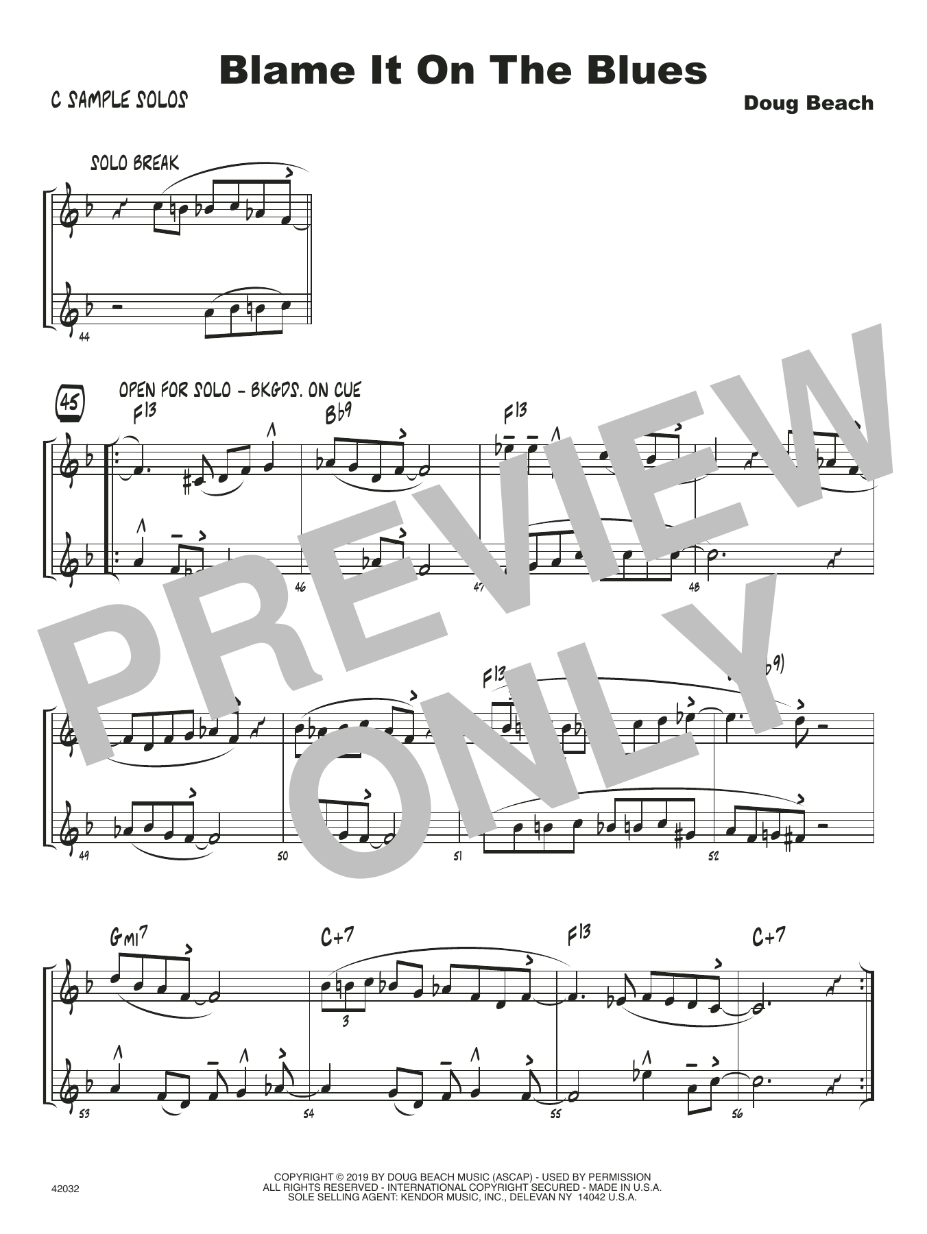 Learn to play Doug Beach Blame It On The Blues - C Solo Sheet sheet music for Jazz Ensemble in minutes. Doug Beach Blame It On The Blues - C Solo Sheet sheet music notes and chords. Download Printable PDF.