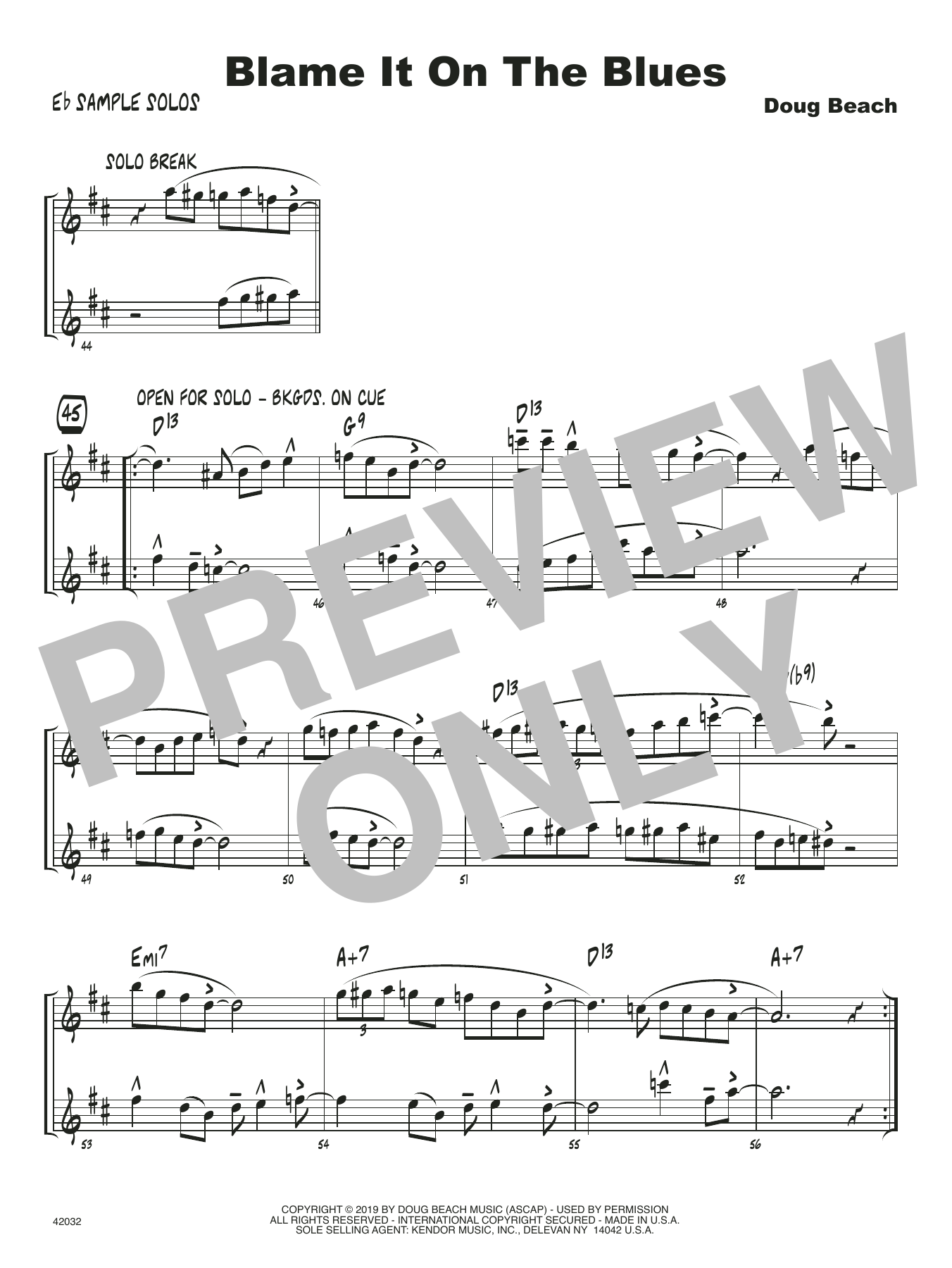 Learn to play Doug Beach Blame It On The Blues - Eb Solo Sheet sheet music for Jazz Ensemble in minutes. Doug Beach Blame It On The Blues - Eb Solo Sheet sheet music notes and chords. Download Printable PDF.