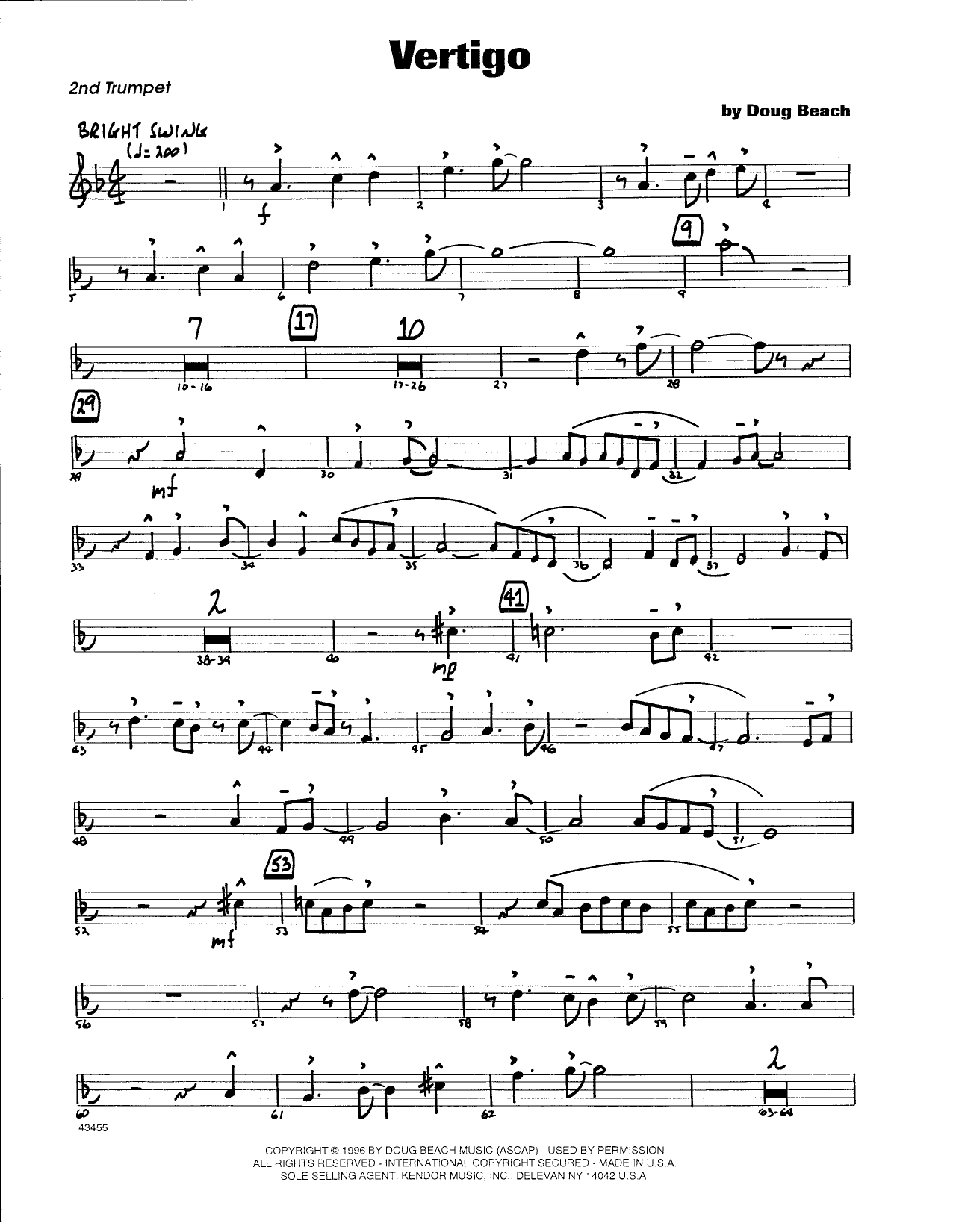 Learn to play Doug Beach Vertigo - 2nd Bb Trumpet sheet music for Jazz Ensemble in minutes. Doug Beach Vertigo - 2nd Bb Trumpet sheet music notes and chords. Download Printable PDF.