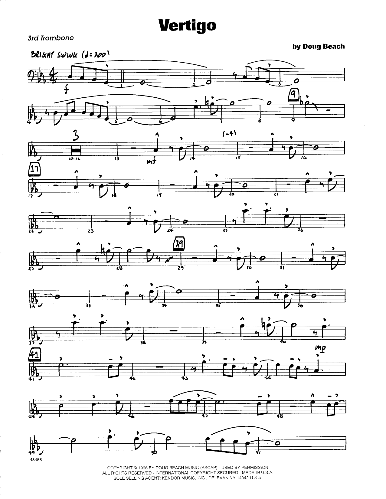 Learn to play Doug Beach Vertigo - 3rd Trombone sheet music for Jazz Ensemble in minutes. Doug Beach Vertigo - 3rd Trombone sheet music notes and chords. Download Printable PDF.