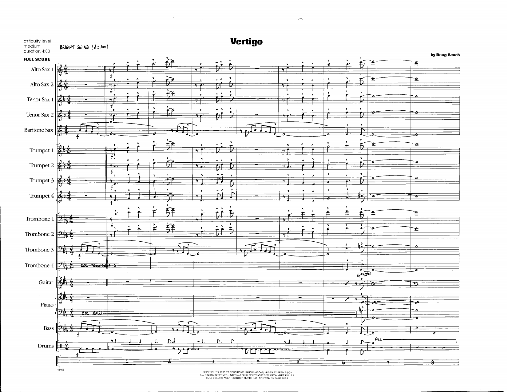 Learn to play Doug Beach Vertigo - Full Score sheet music for Jazz Ensemble in minutes. Doug Beach Vertigo - Full Score sheet music notes and chords. Download Printable PDF.