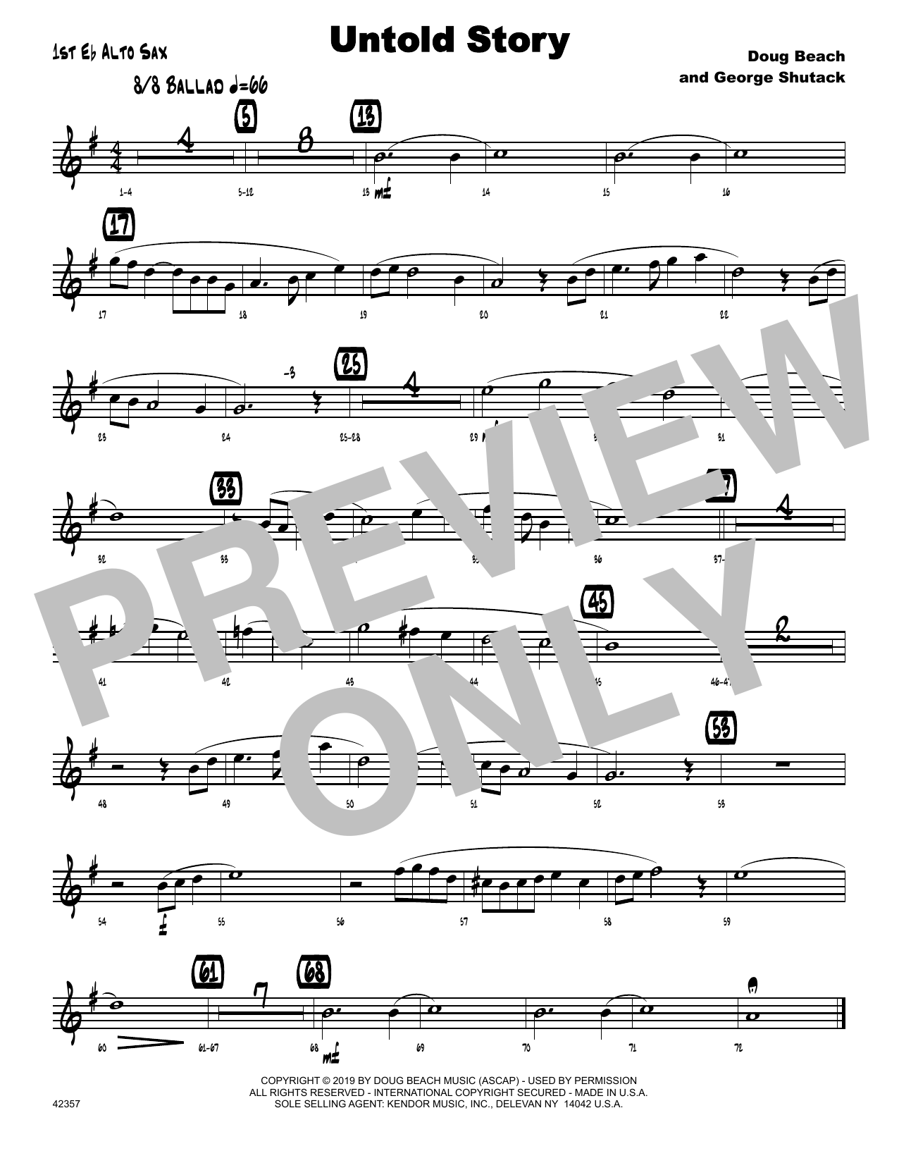 Learn to play Doug Beach & George Shutack Untold Story - 1st Eb Alto Saxophone sheet music for Jazz Ensemble in minutes. Doug Beach & George Shutack Untold Story - 1st Eb Alto Saxophone sheet music notes and chords. Download Printable PDF.
