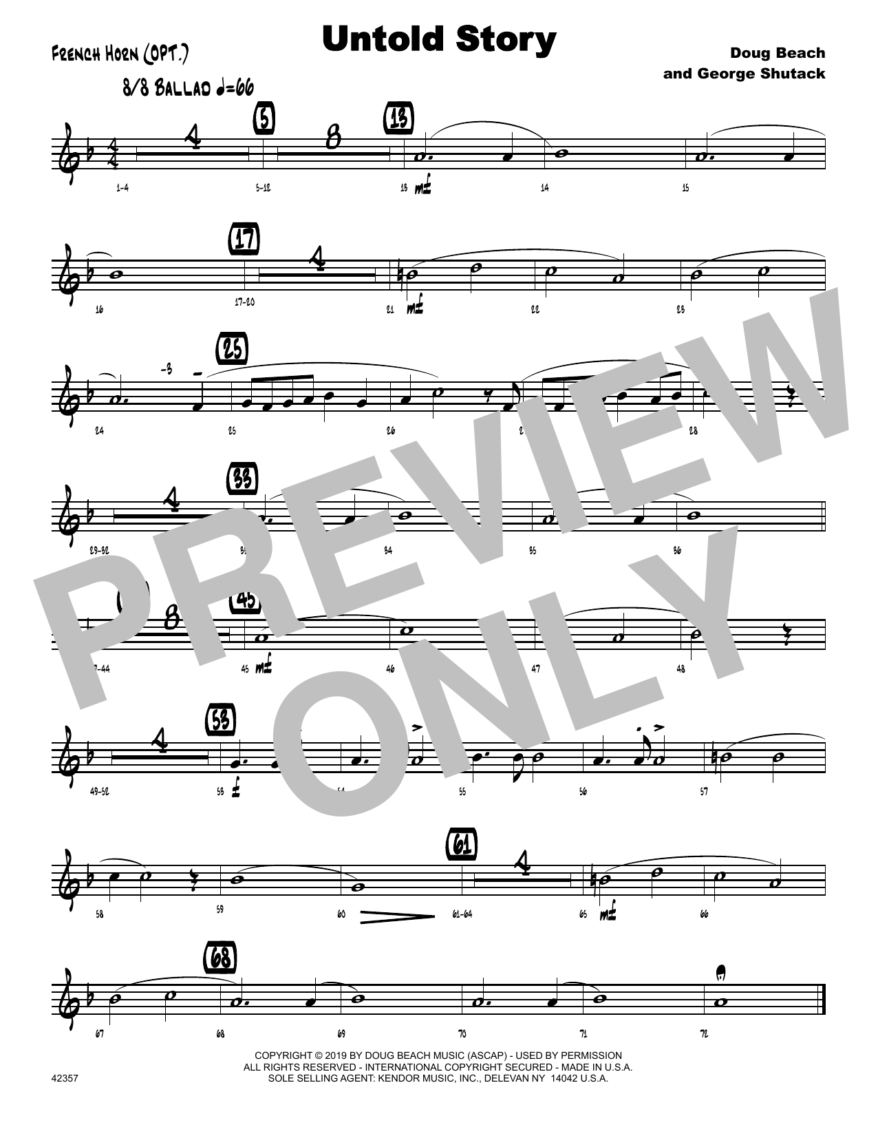 Learn to play Doug Beach & George Shutack Untold Story - Horn in F sheet music for Jazz Ensemble in minutes. Doug Beach & George Shutack Untold Story - Horn in F sheet music notes and chords. Download Printable PDF.
