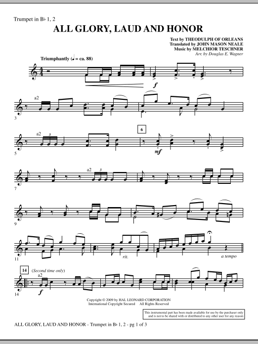 Learn to play Douglas E. Wagner All Glory, Laud And Honor - Bb Trumpet 1,2 sheet music for Choir Instrumental Pak in minutes. Douglas E. Wagner All Glory, Laud And Honor - Bb Trumpet 1,2 sheet music notes and chords. Download Printable PDF.