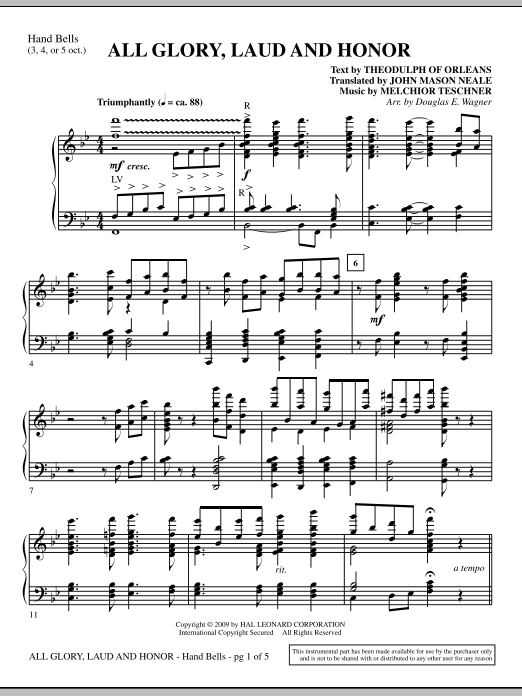 Learn to play Douglas E. Wagner All Glory, Laud And Honor - Handbells sheet music for Choir Instrumental Pak in minutes. Douglas E. Wagner All Glory, Laud And Honor - Handbells sheet music notes and chords. Download Printable PDF.