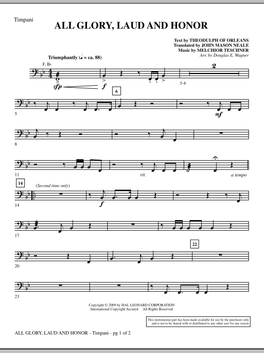 Learn to play Douglas E. Wagner All Glory, Laud And Honor - Timpani sheet music for Choir Instrumental Pak in minutes. Douglas E. Wagner All Glory, Laud And Honor - Timpani sheet music notes and chords. Download Printable PDF.