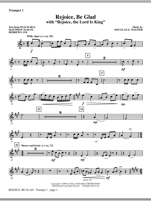 Learn to play Douglas E. Wagner Rejoice, Be Glad! (with Rejoice, The Lord Is King) - Bb Trumpet 1 sheet music for Choir Instrumental Pak in minutes. Douglas E. Wagner Rejoice, Be Glad! (with Rejoice, The Lord Is King) - Bb Trumpet 1 sheet music notes and chords. Download Printable PDF.