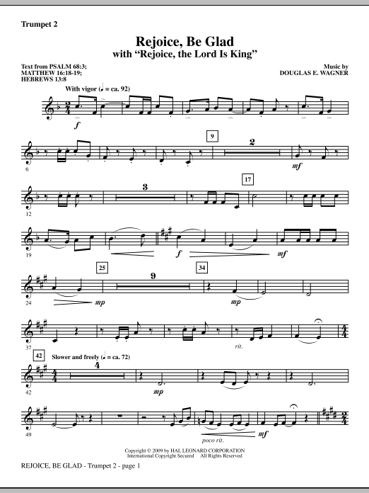 Learn to play Douglas E. Wagner Rejoice, Be Glad! (with Rejoice, The Lord Is King) - Bb Trumpet 2 sheet music for Choir Instrumental Pak in minutes. Douglas E. Wagner Rejoice, Be Glad! (with Rejoice, The Lord Is King) - Bb Trumpet 2 sheet music notes and chords. Download Printable PDF.