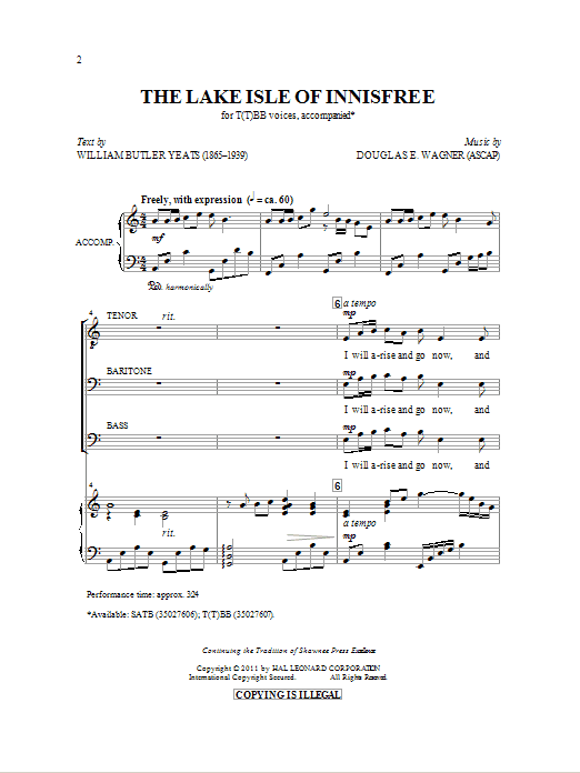 Learn to play Douglas E. Wagner The Lake Isle Of Innisfree sheet music for TTBB Choir in minutes. Price: 3.9900$ Douglas E. Wagner The Lake Isle Of Innisfree sheet music notes and chords arranged for TTBB Choir