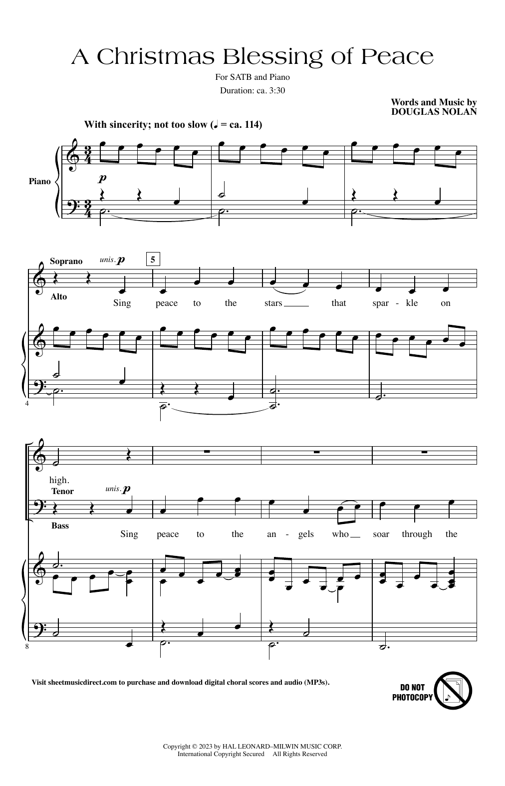 Learn to play Douglas Nolan A Christmas Blessing Of Peace sheet music for SATB Choir in minutes. Price: 3.9900$ Douglas Nolan A Christmas Blessing Of Peace sheet music notes and chords arranged for SATB Choir