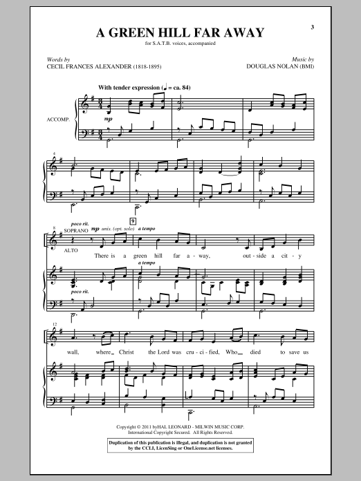 Learn to play Douglas Nolan A Green Hill Far Away sheet music for SATB Choir in minutes. Price: 3.9900$ Douglas Nolan A Green Hill Far Away sheet music notes and chords arranged for SATB Choir