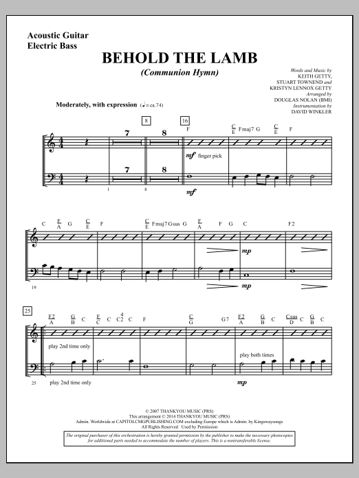 Learn to play Douglas Nolan Behold the Lamb (Communion Hymn) - Acoustic Guitar/Electric Bass sheet music for Choir Instrumental Pak in minutes. Douglas Nolan Behold the Lamb (Communion Hymn) - Acoustic Guitar/Electric Bass sheet music notes and chords. Download Printable PDF.