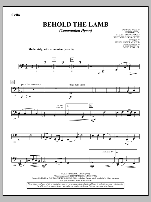 Learn to play Douglas Nolan Behold the Lamb (Communion Hymn) - Cello sheet music for Choir Instrumental Pak in minutes. Douglas Nolan Behold the Lamb (Communion Hymn) - Cello sheet music notes and chords. Download Printable PDF.