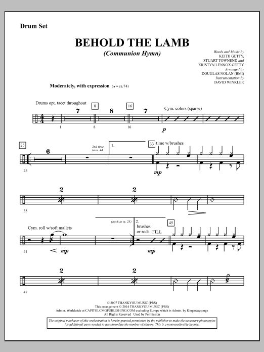 Learn to play Douglas Nolan Behold the Lamb (Communion Hymn) - Drums sheet music for Choir Instrumental Pak in minutes. Douglas Nolan Behold the Lamb (Communion Hymn) - Drums sheet music notes and chords. Download Printable PDF.