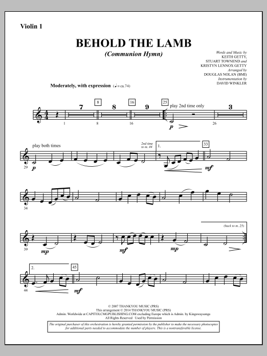 Douglas Nolan Behold The Lamb Communion Hymn Violin 1 Sheet Music Pdf Notes Chords Sacred Score Choir Instrumental Pak Download Printable Sku 334619
