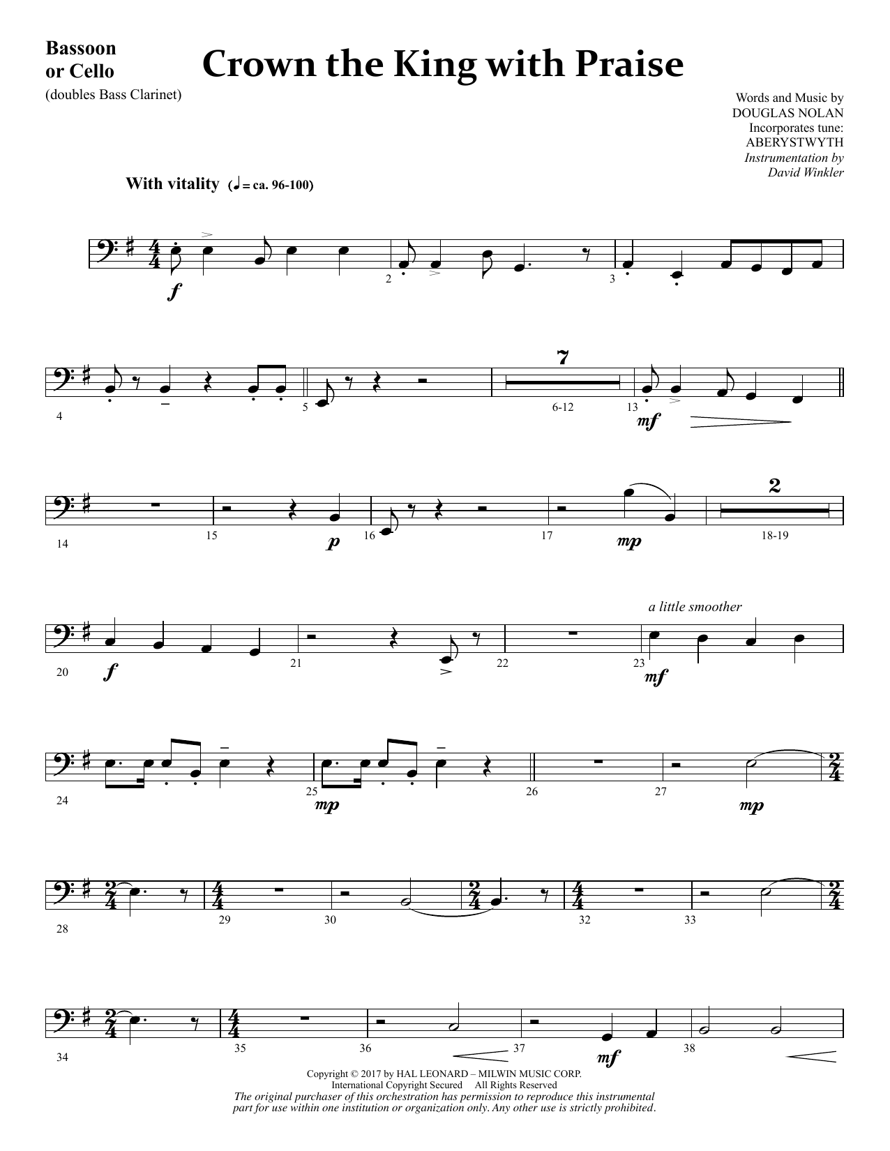 Learn to play Douglas Nolan Crown the King with Praise - Bassoon/Cello (dbl. Bass Clar) sheet music for Choir Instrumental Pak in minutes. Price: 8.9900$ Douglas Nolan Crown the King with Praise - Bassoon/Cello (dbl. Bass Clar) sheet music notes and chords arranged for Choir Instrumental Pak