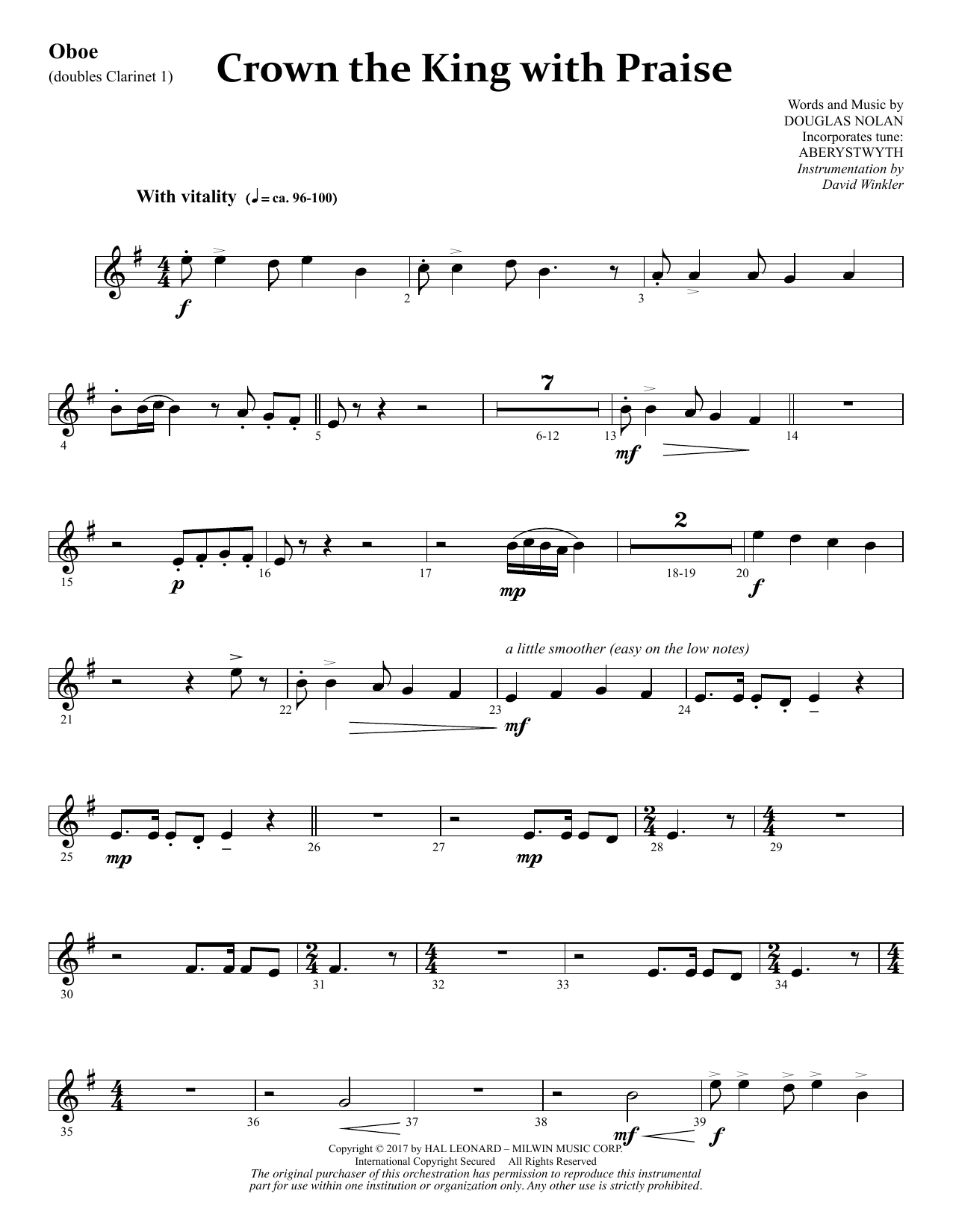 Learn to play Douglas Nolan Crown the King with Praise - Oboe (dbl. Clarinet 1) sheet music for Choir Instrumental Pak in minutes. Price: 8.9900$ Douglas Nolan Crown the King with Praise - Oboe (dbl. Clarinet 1) sheet music notes and chords arranged for Choir Instrumental Pak