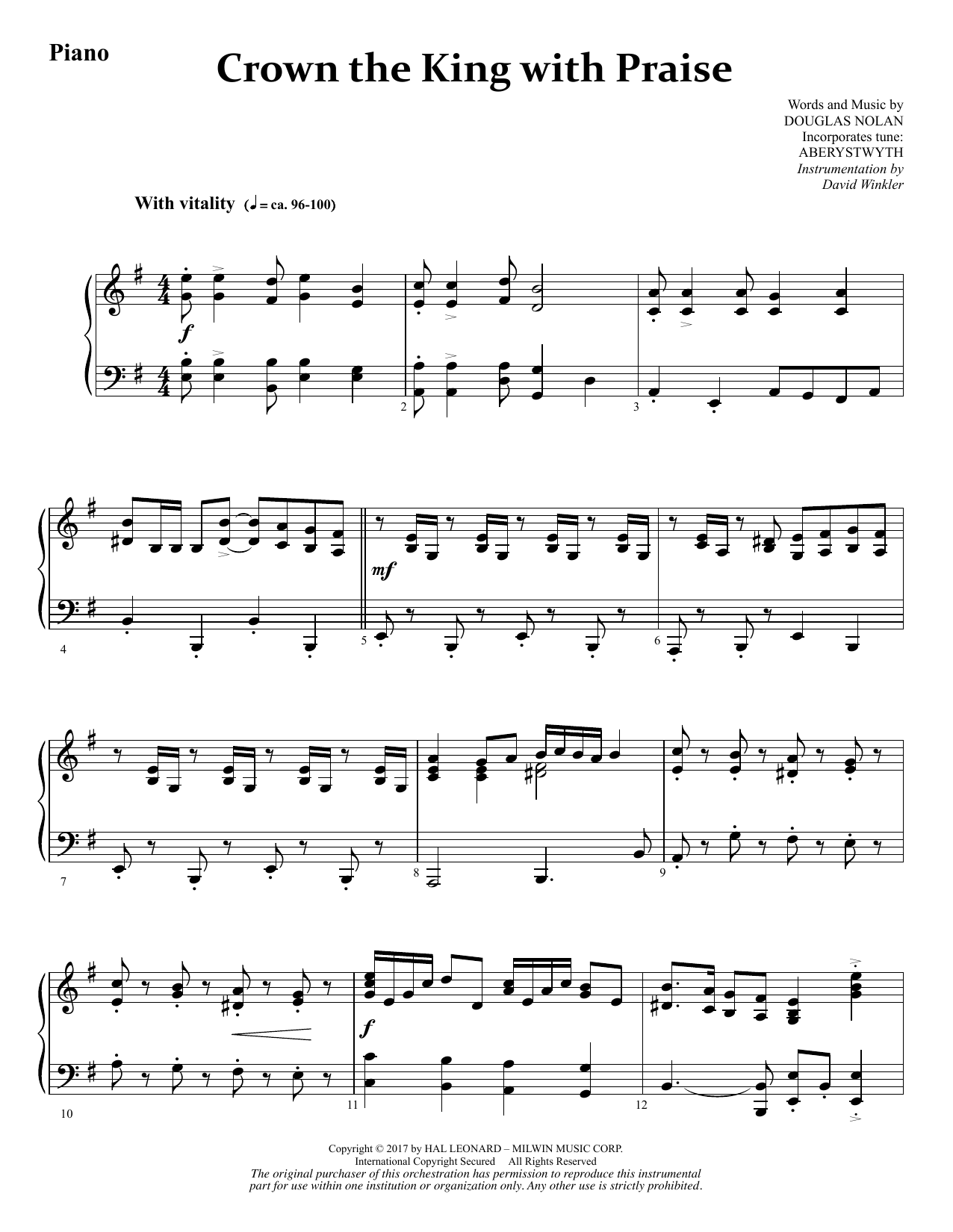 Learn to play Douglas Nolan Crown the King with Praise - Piano sheet music for Choir Instrumental Pak in minutes. Price: 8.9900$ Douglas Nolan Crown the King with Praise - Piano sheet music notes and chords arranged for Choir Instrumental Pak