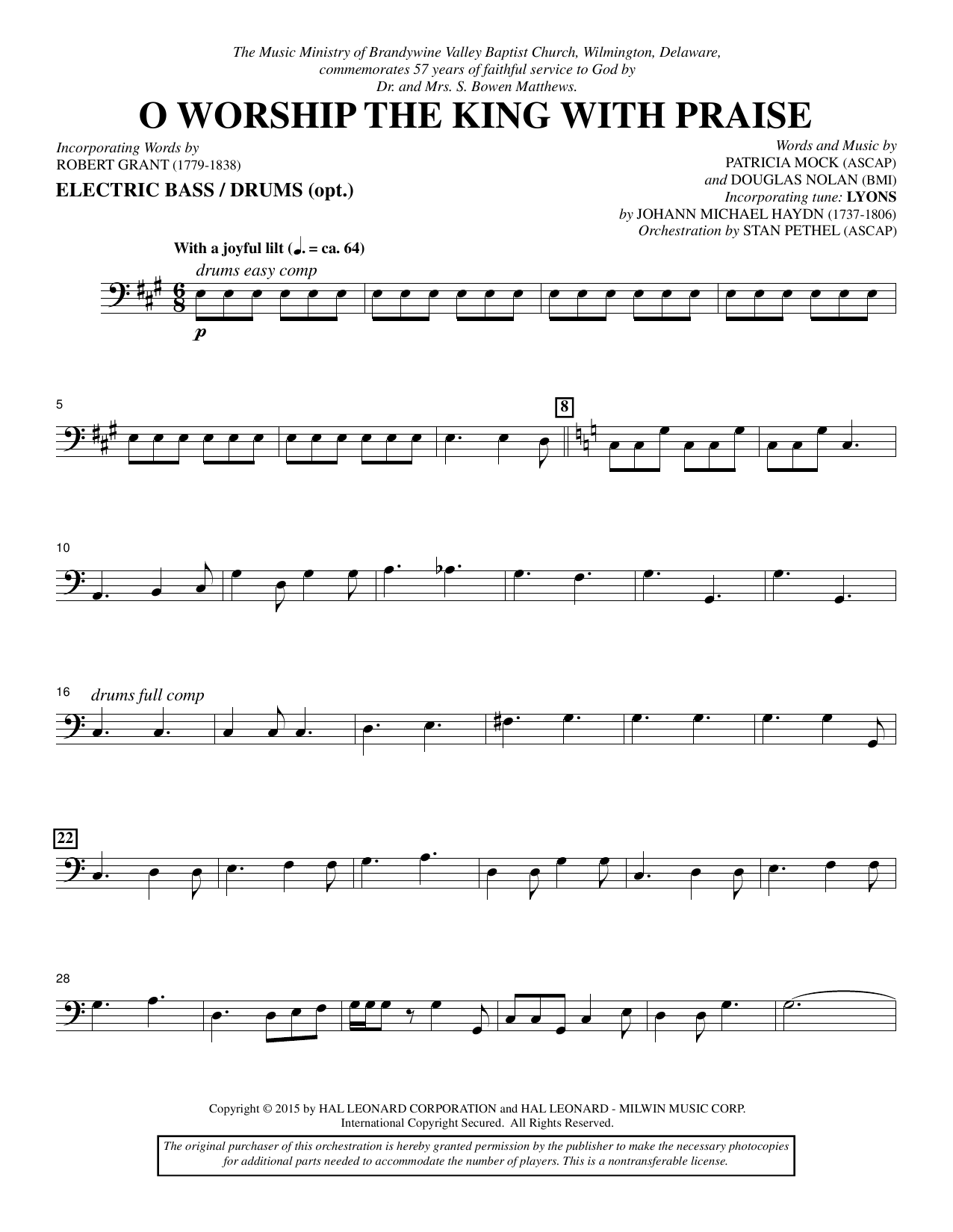 Learn to play Douglas Nolan O Worship the King with Praise - Electric Bass/Drums sheet music for Choir Instrumental Pak in minutes. Douglas Nolan O Worship the King with Praise - Electric Bass/Drums sheet music notes and chords. Download Printable PDF.