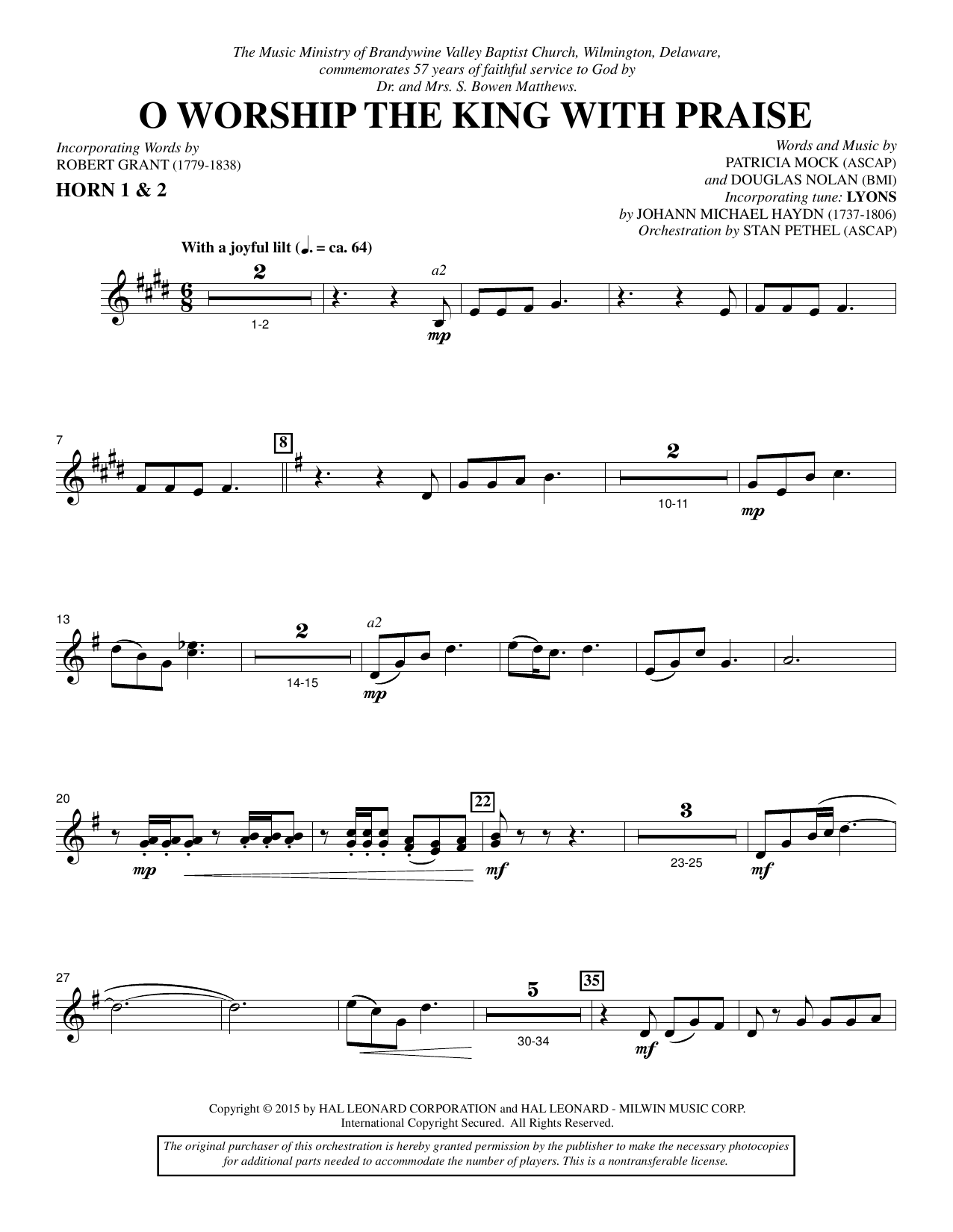Learn to play Douglas Nolan O Worship the King with Praise - F Horn 1 & 2 sheet music for Choir Instrumental Pak in minutes. Douglas Nolan O Worship the King with Praise - F Horn 1 & 2 sheet music notes and chords. Download Printable PDF.