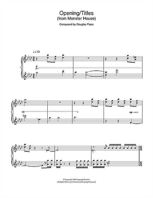Learn to play Douglas Pipes Monster House (Opening/Titles) sheet music for Piano Solo in minutes. Douglas Pipes Monster House (Opening/Titles) sheet music notes and chords. Download Printable PDF.