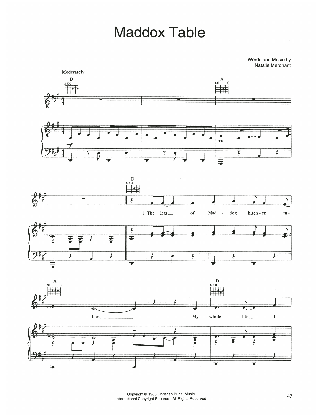 10,000 Maniacs Maddox Table sheet music notes and chords arranged for Piano, Vocal & Guitar Chords (Right-Hand Melody)