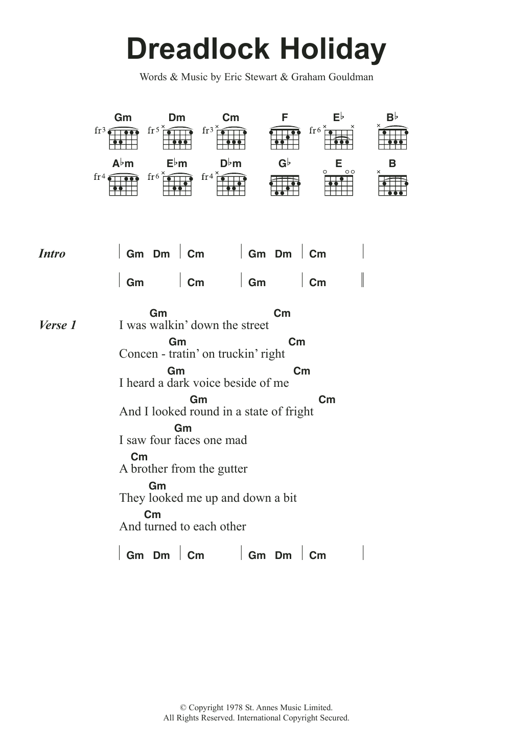 10cc Dreadlock Holiday sheet music notes and chords. Download Printable PDF.