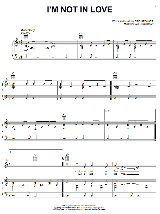 10cc I'm Not In Love sheet music notes and chords. Download Printable PDF.