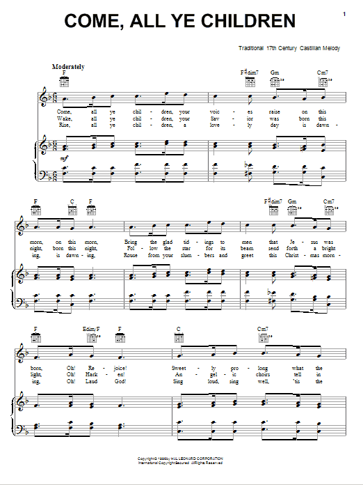 Traditional Come, All Ye Children sheet music notes and chords arranged for Piano, Vocal & Guitar Chords (Right-Hand Melody)