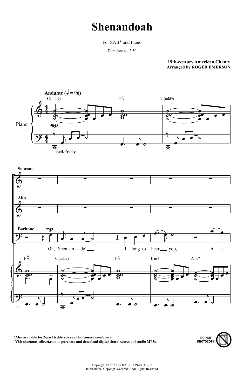 19th Century American Chanty Shenandoah (arr. Roger Emerson) sheet music notes and chords. Download Printable PDF.