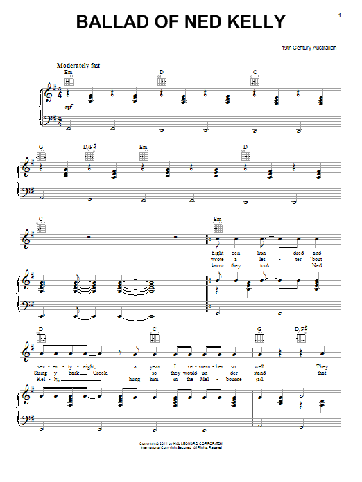 Australian Folksong Ballad Of Ned Kelly sheet music notes and chords arranged for Piano, Vocal & Guitar Chords (Right-Hand Melody)