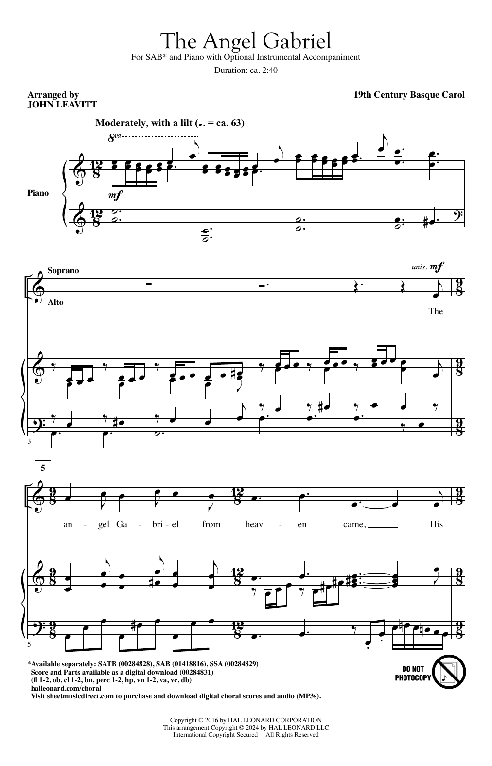 19th Century Basque Carol The Angel Gabriel (arr. John Leavitt) sheet music notes and chords. Download Printable PDF.