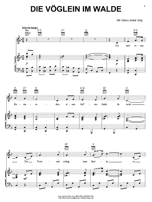 19th Century Soldier Song Die Voglein Im Walde sheet music notes and chords arranged for Piano, Vocal & Guitar Chords (Right-Hand Melody)