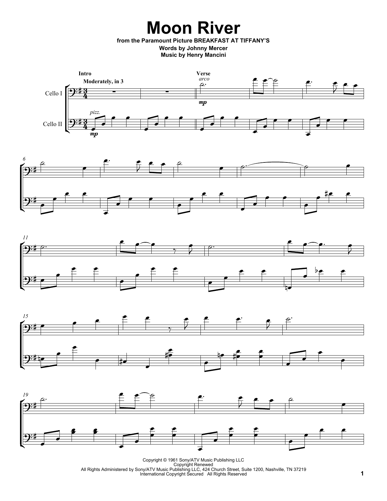 2Cellos Moon River sheet music notes and chords. Download Printable PDF.