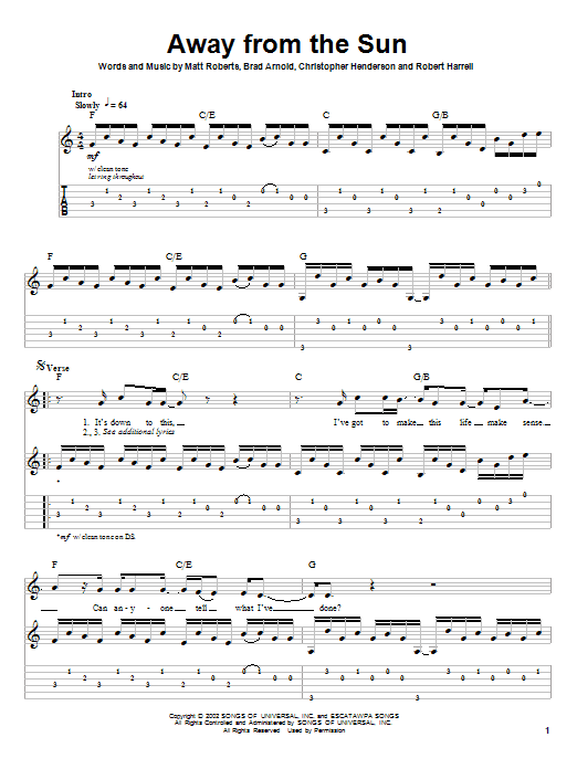 3 Doors Down Away From The Sun sheet music notes and chords. Download Printable PDF.