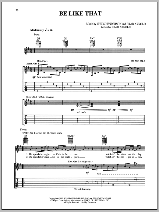 3 Doors Down Be Like That sheet music notes and chords. Download Printable PDF.