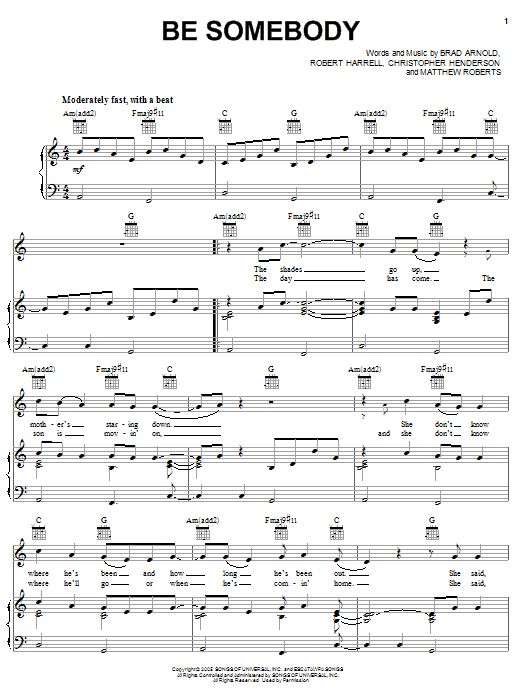 3 Doors Down Be Somebody sheet music notes and chords arranged for Piano, Vocal & Guitar Chords (Right-Hand Melody)