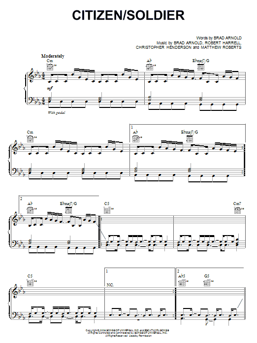 3 Doors Down Citizen/Soldier sheet music notes and chords arranged for Piano, Vocal & Guitar Chords (Right-Hand Melody)