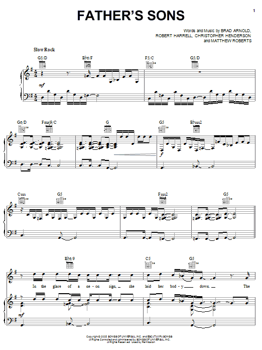 3 Doors Down Father's Sons sheet music notes and chords arranged for Piano, Vocal & Guitar Chords (Right-Hand Melody)