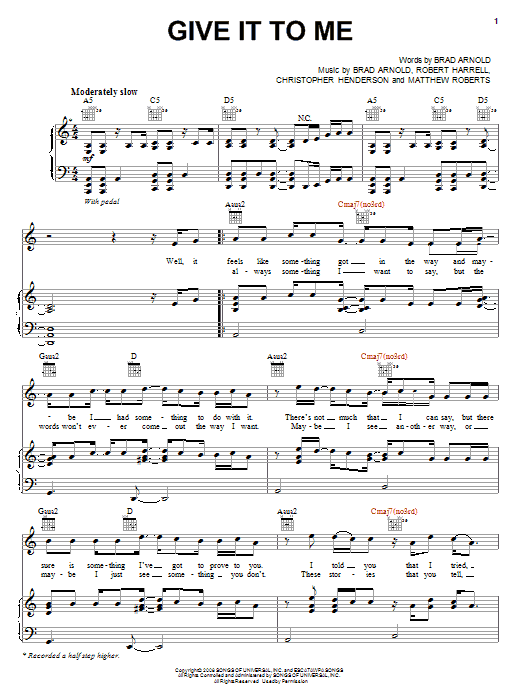 3 Doors Down Give It To Me sheet music notes and chords arranged for Piano, Vocal & Guitar Chords (Right-Hand Melody)