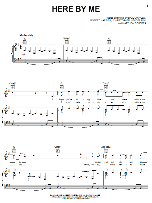 3 Doors Down Here By Me sheet music notes and chords arranged for Piano, Vocal & Guitar Chords (Right-Hand Melody)