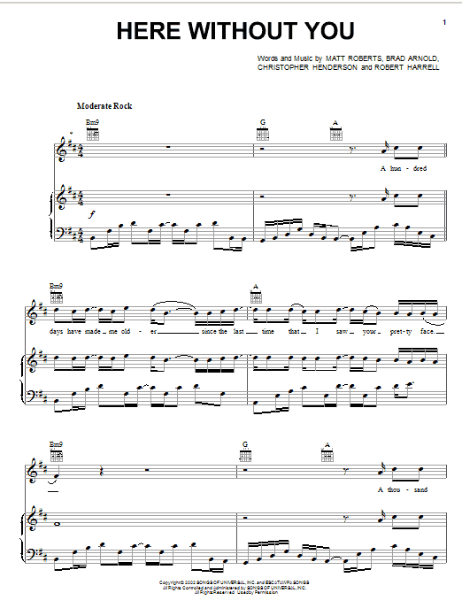 3 Doors Down Here Without You sheet music notes and chords. Download Printable PDF.