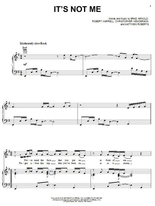 3 Doors Down It's Not Me sheet music notes and chords arranged for Piano, Vocal & Guitar Chords (Right-Hand Melody)