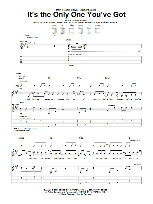 3 Doors Down It's The Only One You've Got sheet music notes and chords. Download Printable PDF.