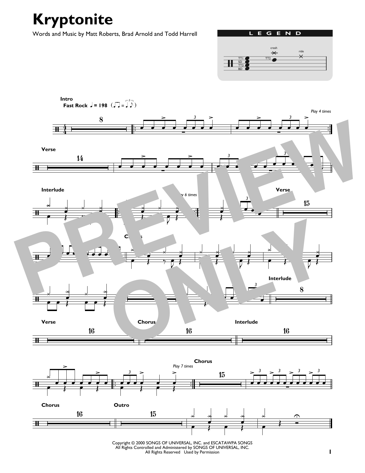 3 Doors Down Kryptonite sheet music notes and chords. Download Printable PDF.