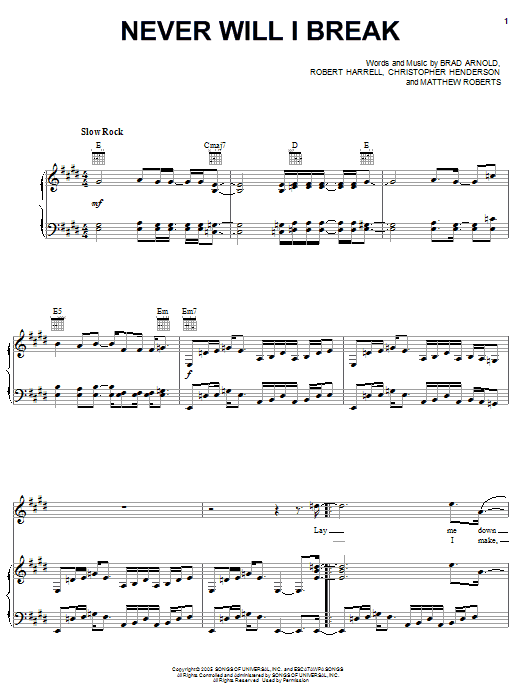 3 Doors Down Never Will I Break sheet music notes and chords arranged for Piano, Vocal & Guitar Chords (Right-Hand Melody)