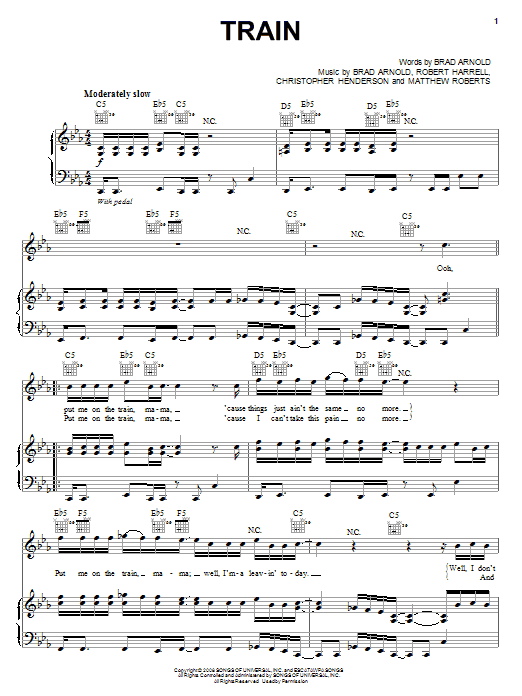 3 Doors Down Train sheet music notes and chords arranged for Piano, Vocal & Guitar Chords (Right-Hand Melody)