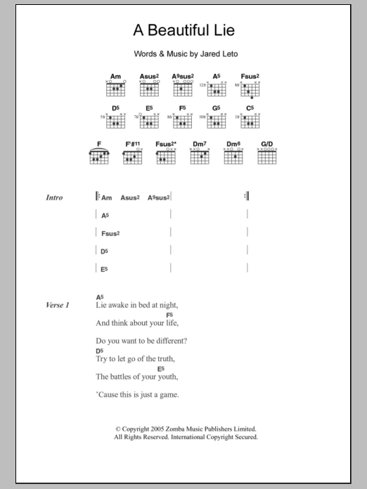 30 Seconds To Mars A Beautiful Lie sheet music notes and chords arranged for Guitar Chords/Lyrics