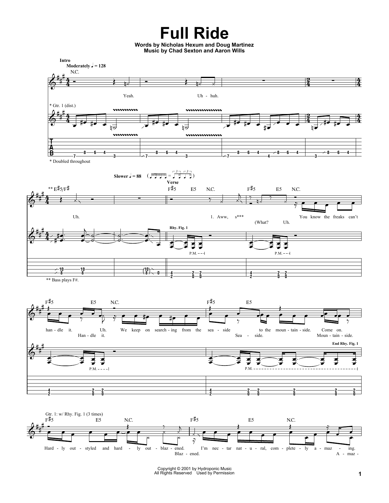 Learn to play 311 Full Ride sheet music for Guitar Tab in minutes. Price: 7.8900$ 311 Full Ride sheet music notes and chords arranged for Guitar Tab
