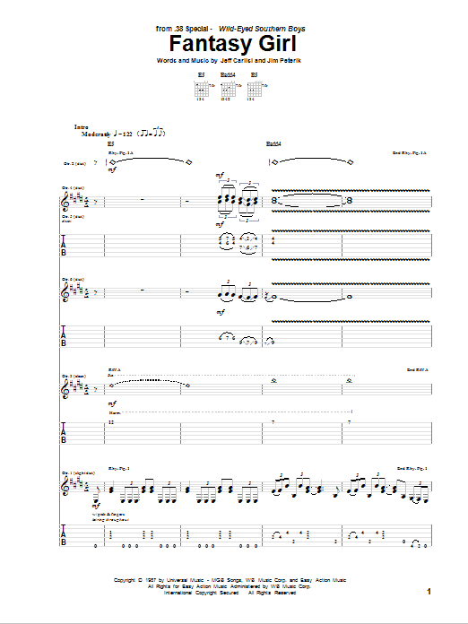 38 Special Fantasy Girl sheet music notes and chords arranged for Guitar Tab